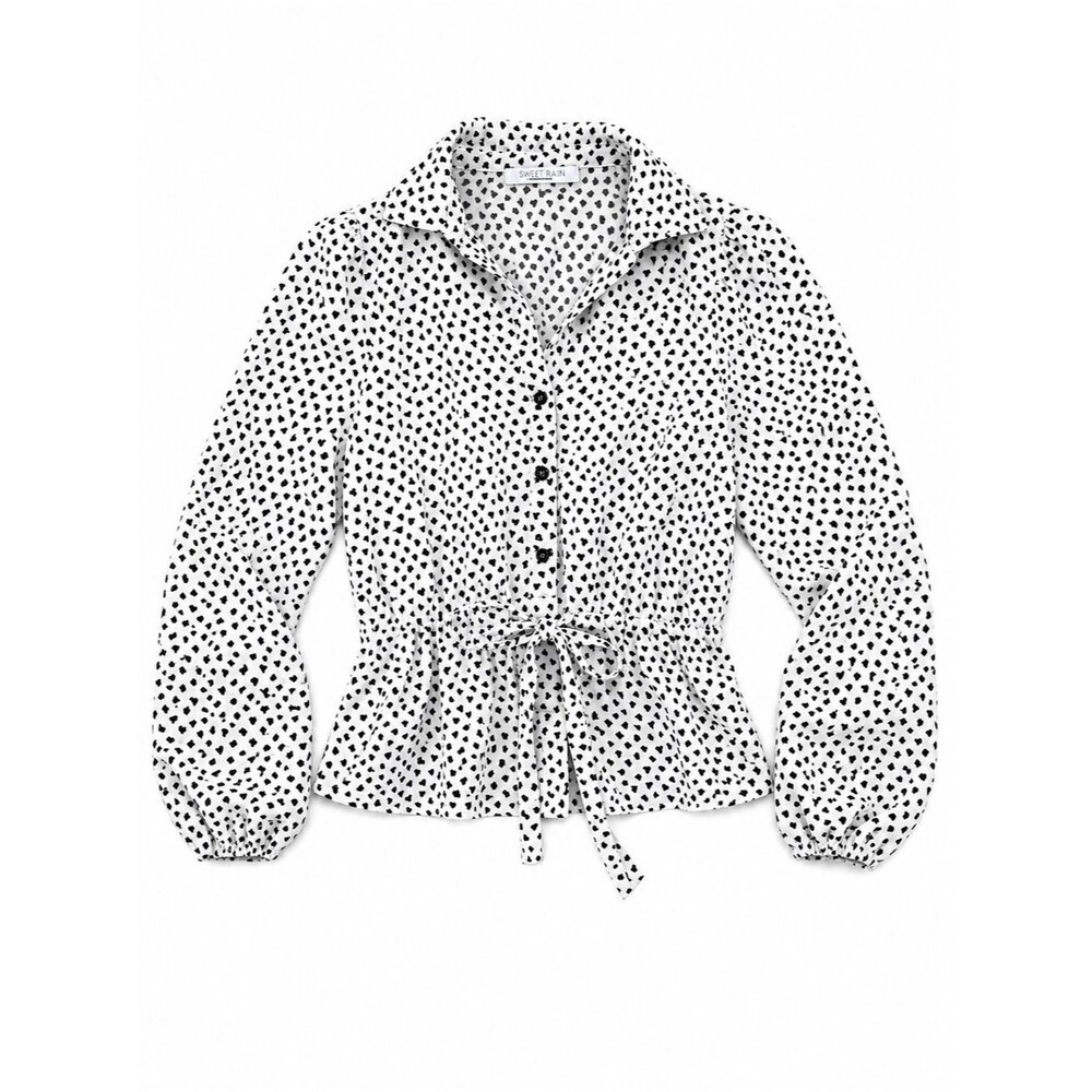Sweet Rain White Button-Down Blouse with Black Heart Print